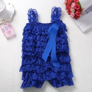 Baby Lace Rompers Infant Lace Romper with Straps Ribbon Bow Kids Jumpsuit Baby Girls Lace Ruffled Petti Romper