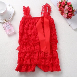 Baby Lace Rompers Infant Lace Romper with Straps Ribbon Bow Kids Jumpsuit Baby Girls Lace Ruffled Petti Romper