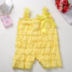 Baby Lace Rompers Infant Lace Romper with Straps Ribbon Bow Kids Jumpsuit Baby Girls Lace Ruffled Petti Romper