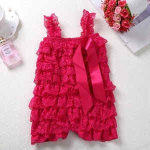 Baby Lace Rompers Infant Lace Romper with Straps Ribbon Bow Kids Jumpsuit Baby Girls Lace Ruffled Petti Romper