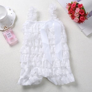 Baby Lace Rompers Infant Lace Romper with Straps Ribbon Bow Kids Jumpsuit Baby Girls Lace Ruffled Petti Romper