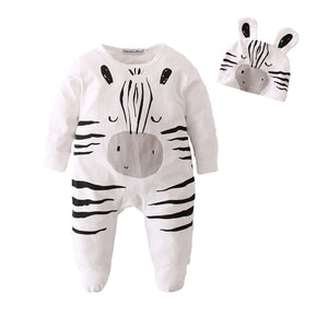 Baby Rompers Long Sleeve Cotton Jumpsuit Baby Infant Cartoon Zebra Newborn Baby Clothes Romper+Cap Toddler Outfits