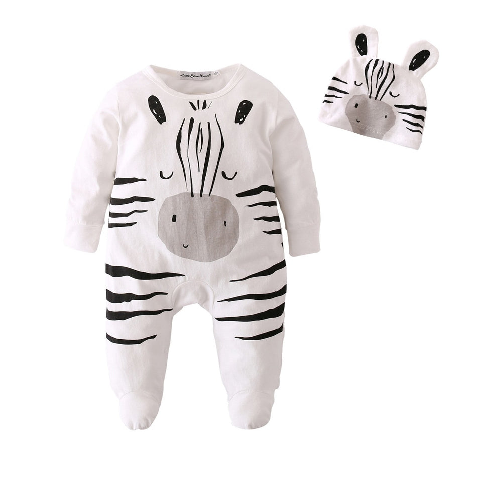 Baby Rompers Long Sleeve Cotton Jumpsuit Baby Infant Cartoon Zebra Newborn Baby Clothes Romper+Cap Toddler Outfits