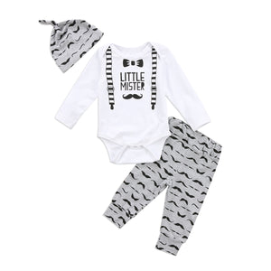 Christmas Newborn Baby Boy Moustache Long Sleeve Romper Pants Hat 3PCS Outfits Set Clothes