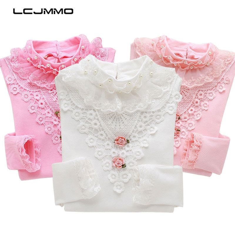 LCJMMO  Fashion Spring Lace Girls Blouse Tops 2017 Cotton Long Sleeve Soild Girl School Blouse Shirts Blusas Children Clothing