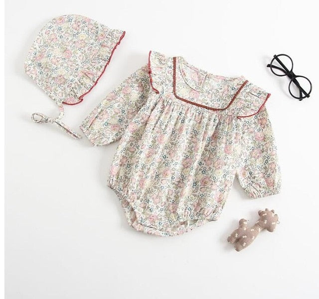 Newborn Girls Romper Summer Spring Baby Girls Clothes Long Sleeve Floral Princess Infant Toddler Baby Jumpsuit for Girl With Hat