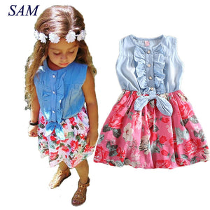 Baby Girls Dress 2019 Lovely Hot Kids  Jean Denim Bow Flower Ruffled Sundress Dress for Girls Clothing Costume