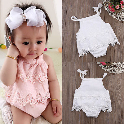 Summer Pink Lace Romper Baby Girls Crocheted Sleeveless Spaghetti straps Jumpsuit Outfit Sunsuit Flower Clothes 0-18M