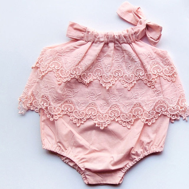 Summer Pink Lace Romper Baby Girls Crocheted Sleeveless Spaghetti straps Jumpsuit Outfit Sunsuit Flower Clothes 0-18M