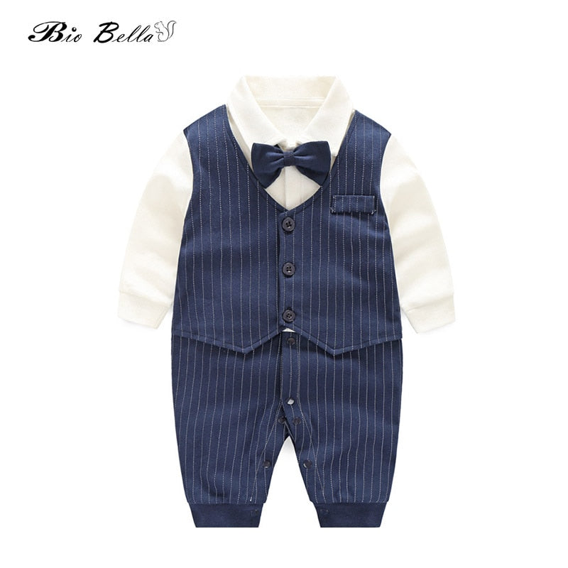 Spring Autumn Baby Boy Clothing Cotton Long Sleeve Striped Romper Bow Tie Decor Gentleman Baby Clothes Roupas Infantil Babies