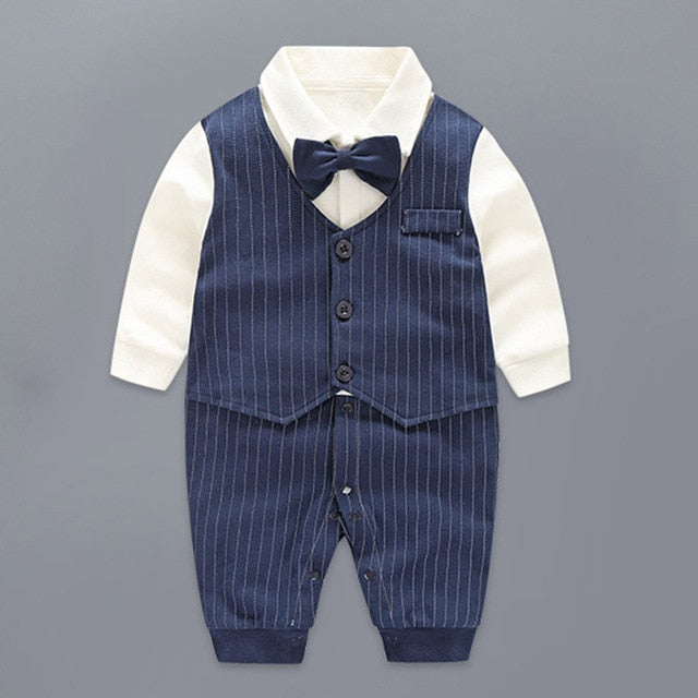 Spring Autumn Baby Boy Clothing Cotton Long Sleeve Striped Romper Bow Tie Decor Gentleman Baby Clothes Roupas Infantil Babies