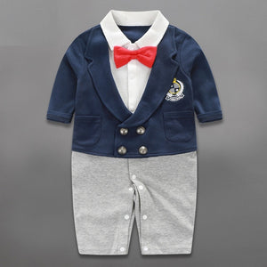 Spring Autumn Baby Boy Clothing Cotton Long Sleeve Striped Romper Bow Tie Decor Gentleman Baby Clothes Roupas Infantil Babies