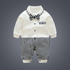 Spring Autumn Baby Boy Clothing Cotton Long Sleeve Striped Romper Bow Tie Decor Gentleman Baby Clothes Roupas Infantil Babies