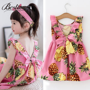 Summer Pineapple Girls Dress Pink Cotton Sleeveless Kids Dress Girls Beach Dress Fashion Kids Clothing Dress for Girls