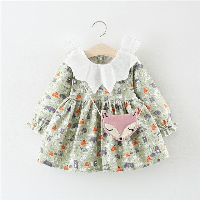 Cute Baby Girls Dress Toddler Kid Clothes Infant Party Pageant Outfit Princess Dress with Fox Bag Children Clothing 6M-3Y